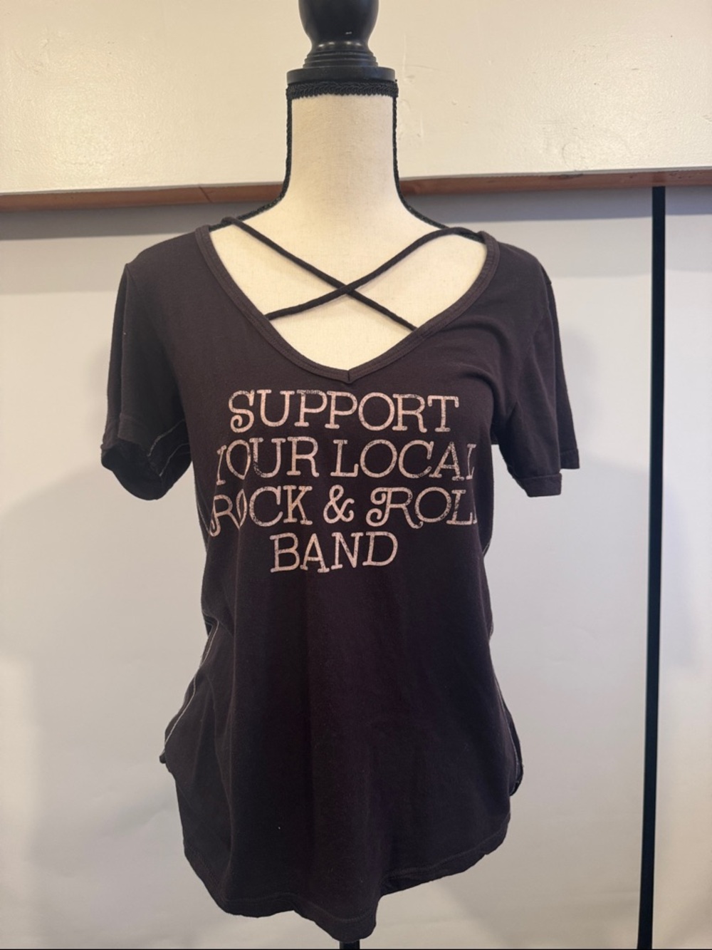 Trunk Ltd Black Crisscross V-Neck 'Support Your Local Rock & Roll Band' Tee